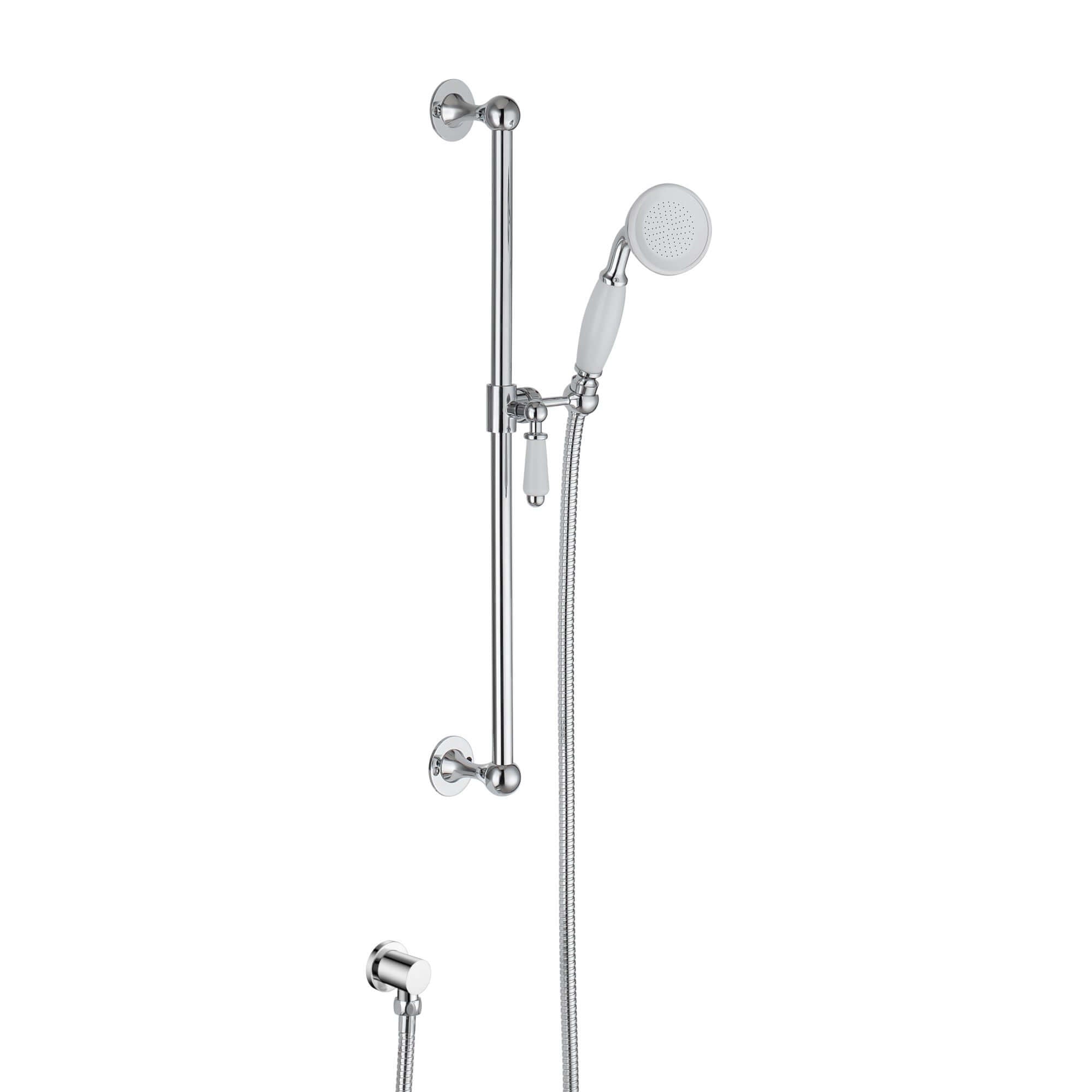 Buy Traditional Shower Slider Rail Kit Lever Design With Brass White Ceramic Handset, Hose And Wall Elbow Outlet - Chrome Online UK | HOUSE OF ENKI